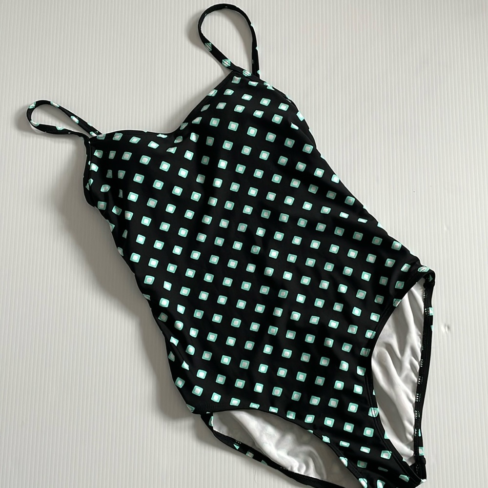 Catalina black one piece swim suit. Sea foam green & white triangles.  Size s